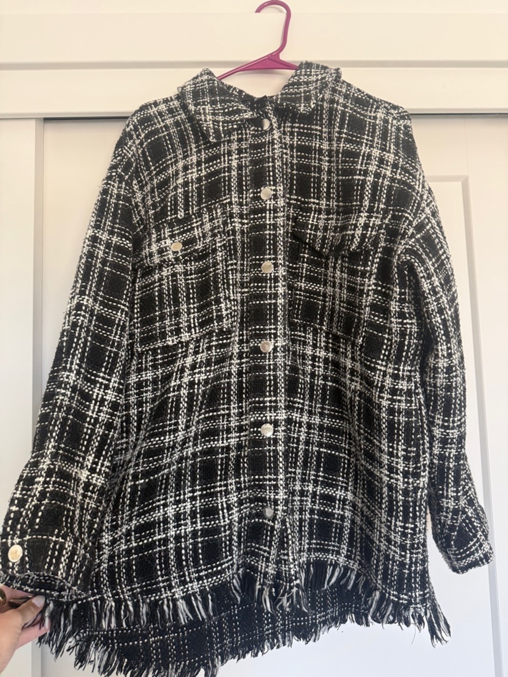 Forever 21 Black and White Plaid Fringe Button-Up Jacket